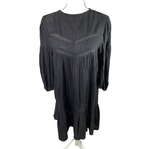 Zara Embroidered Black Ruffle Hem Lace Inserts Mini Peasant Dress 100% Cotton - Picture 1 of 8